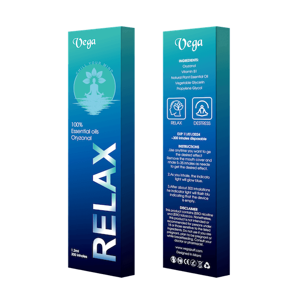 Vega Relax designed in Miami, contain Oryzanol and vitamin b. it's a vitamin that after inhaling the body absorbs the perfect dose of oryzanol and vitamin b to achieve a state of relaxation